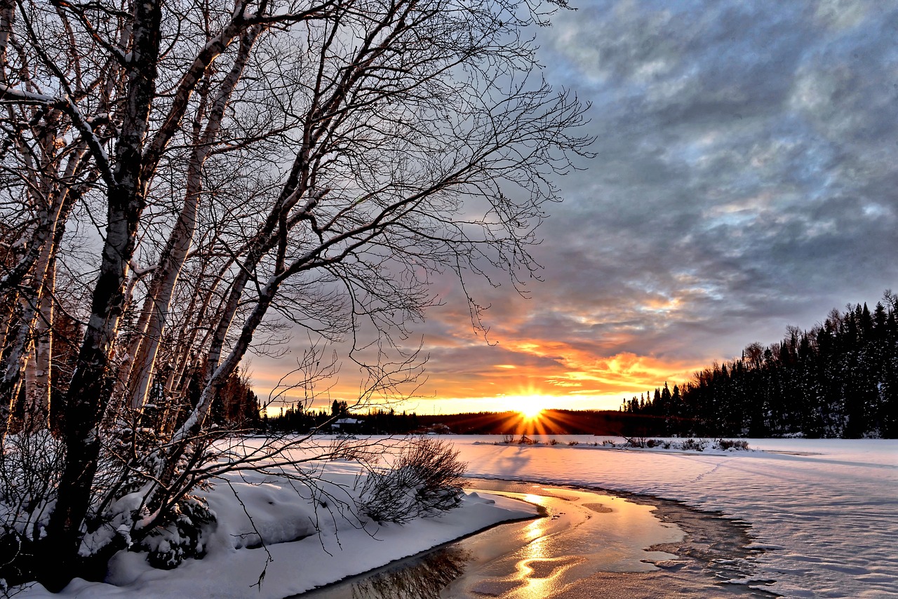 winter landscape, sunset, twilight